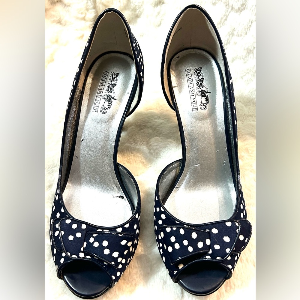 Coach and Four Navy white Polka dot peep toe bow heels women’s size 7 - Picture 5 of 12